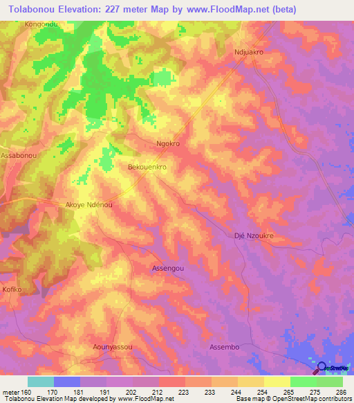Tolabonou,Ivory Coast Elevation Map