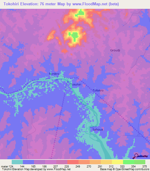 Tokohiri,Ivory Coast Elevation Map