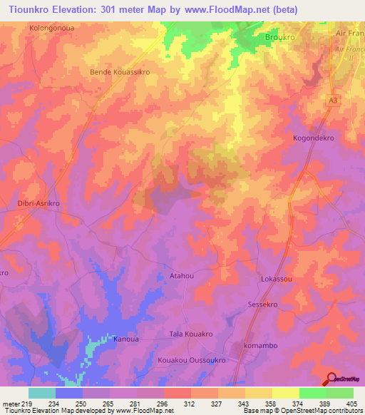 Tiounkro,Ivory Coast Elevation Map