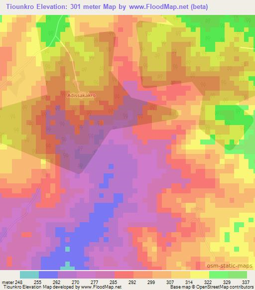 Tiounkro,Ivory Coast Elevation Map
