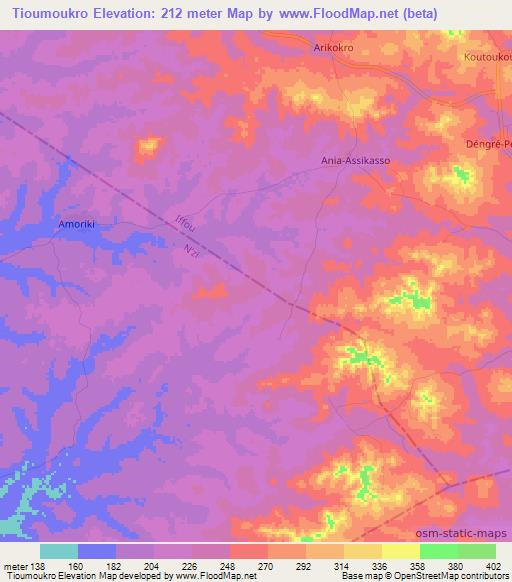 Tioumoukro,Ivory Coast Elevation Map