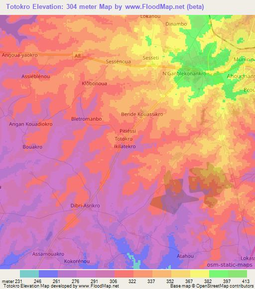 Totokro,Ivory Coast Elevation Map