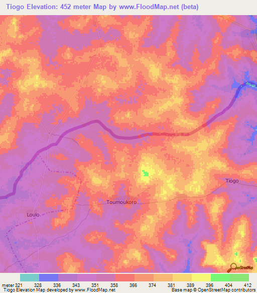 Tiogo,Ivory Coast Elevation Map