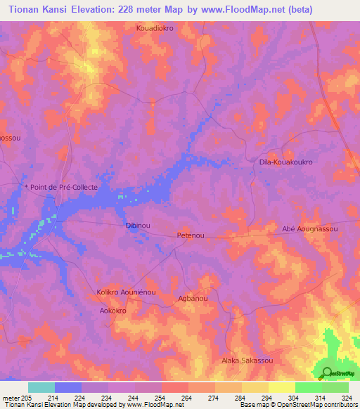 Tionan Kansi,Ivory Coast Elevation Map