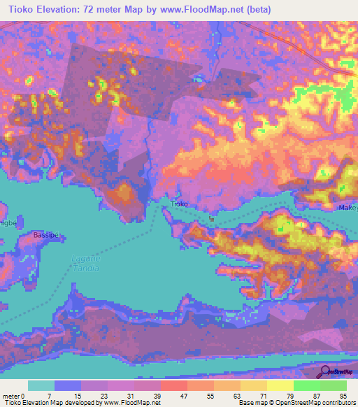 Tioko,Ivory Coast Elevation Map