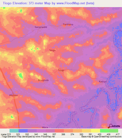 Tiogo,Ivory Coast Elevation Map