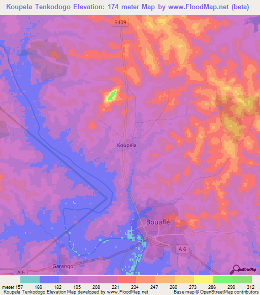 Koupela Tenkodogo,Ivory Coast Elevation Map