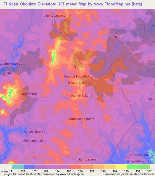 Ti-Ngan Okoukro,Ivory Coast Elevation Map