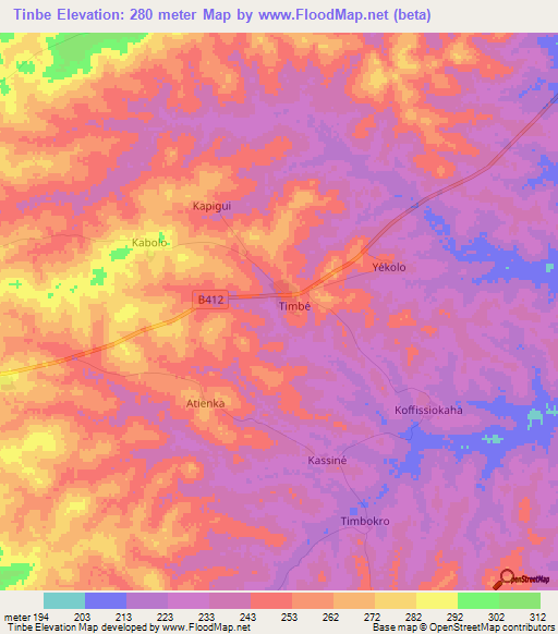 Tinbe,Ivory Coast Elevation Map
