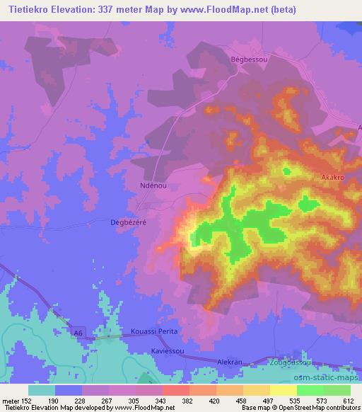 Tietiekro,Ivory Coast Elevation Map