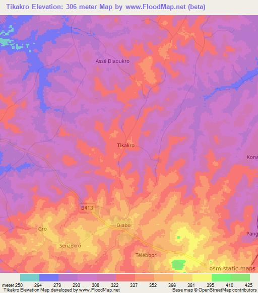 Tikakro,Ivory Coast Elevation Map