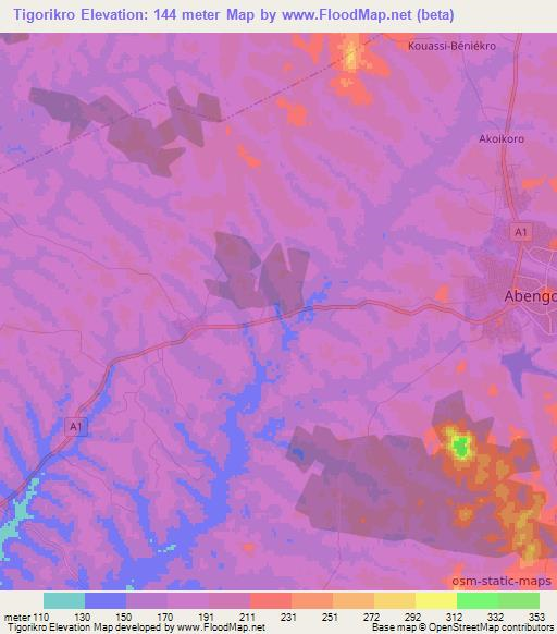 Tigorikro,Ivory Coast Elevation Map
