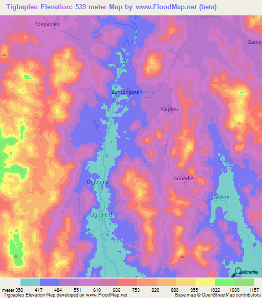 Tigbapleu,Ivory Coast Elevation Map