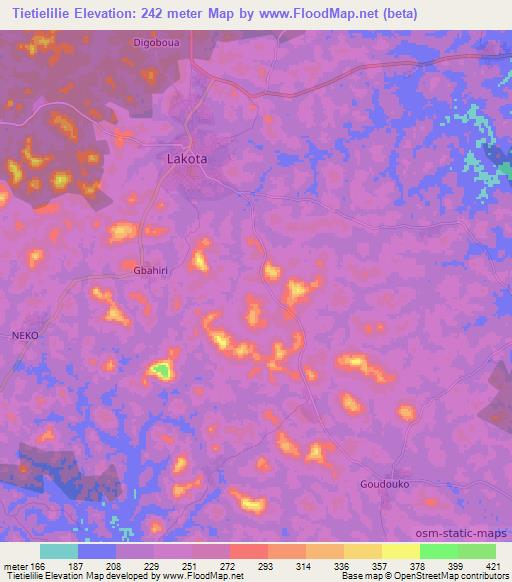 Tietielilie,Ivory Coast Elevation Map