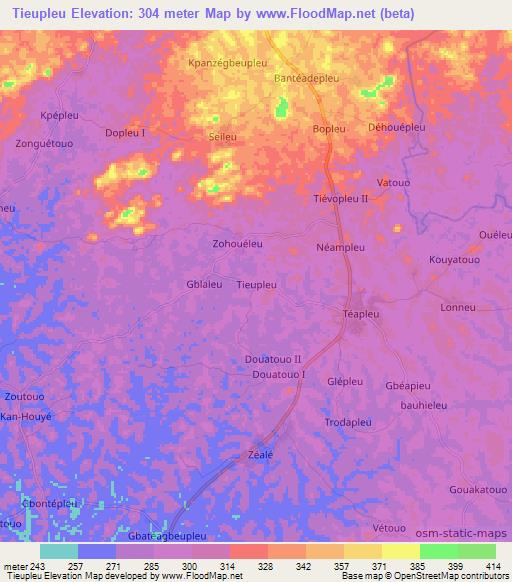 Tieupleu,Ivory Coast Elevation Map