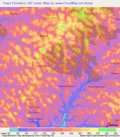 Tiepa,Ivory Coast Elevation Map