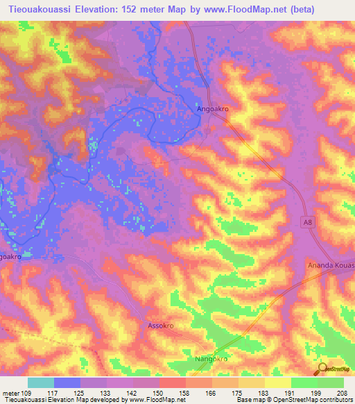 Tieouakouassi,Ivory Coast Elevation Map
