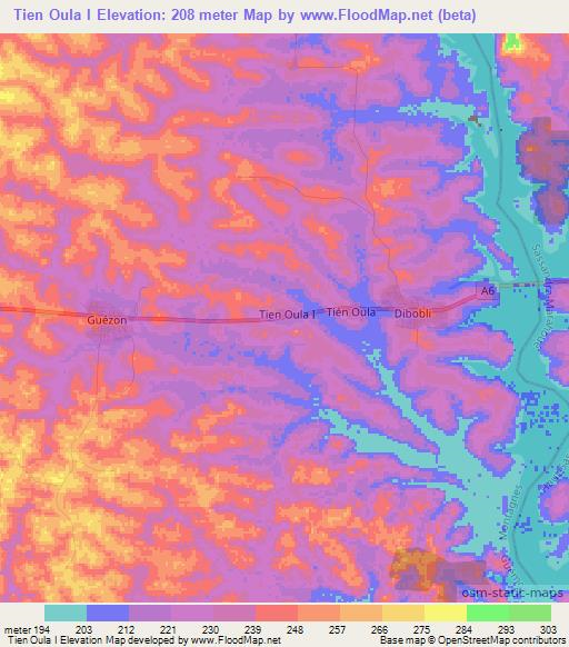 Tien Oula I,Ivory Coast Elevation Map