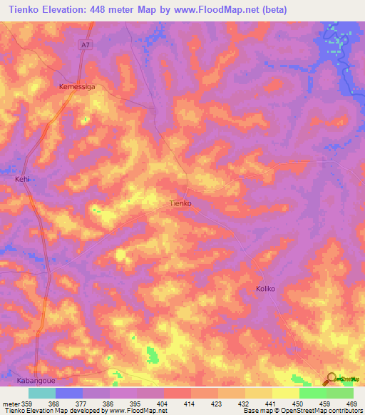Tienko,Ivory Coast Elevation Map