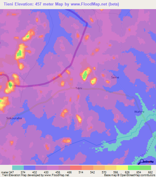 Tieni,Ivory Coast Elevation Map