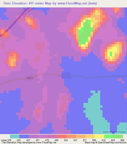 Tieni,Ivory Coast Elevation Map