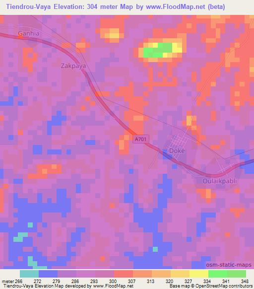 Tiendrou-Vaya,Ivory Coast Elevation Map