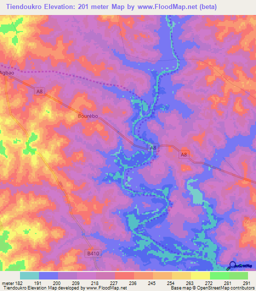 Tiendoukro,Ivory Coast Elevation Map