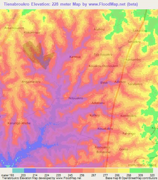 Tienabroukro,Ivory Coast Elevation Map