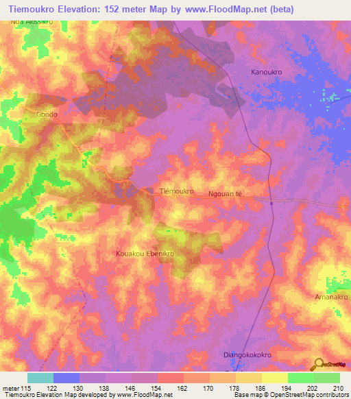 Tiemoukro,Ivory Coast Elevation Map