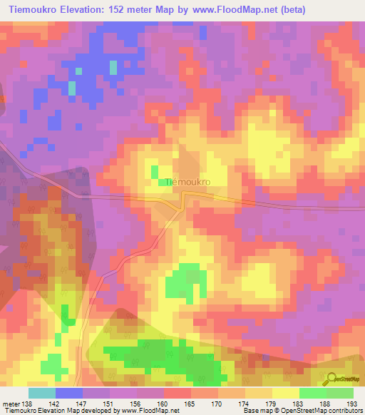 Tiemoukro,Ivory Coast Elevation Map