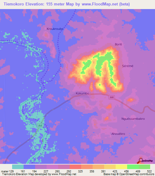 Tiemokoro,Ivory Coast Elevation Map