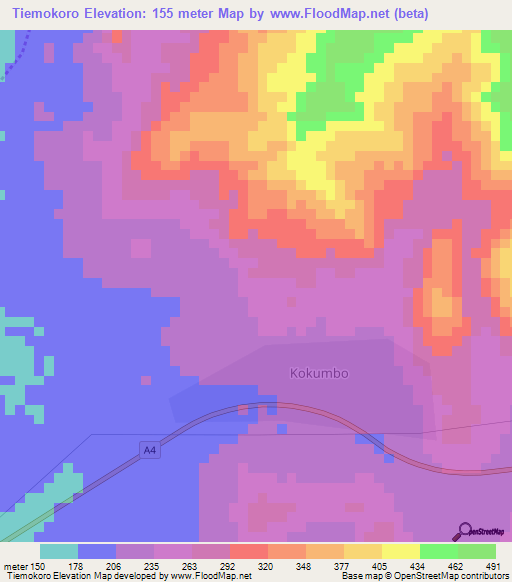 Tiemokoro,Ivory Coast Elevation Map