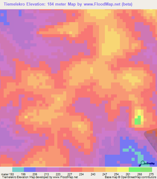 Tiemelekro,Ivory Coast Elevation Map