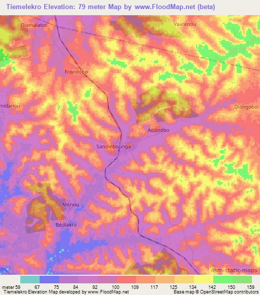 Tiemelekro,Ivory Coast Elevation Map