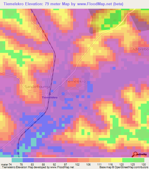 Tiemelekro,Ivory Coast Elevation Map