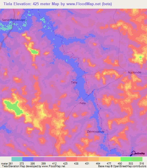 Tiela,Ivory Coast Elevation Map
