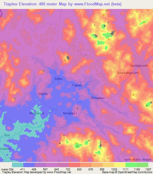 Tiapleu,Ivory Coast Elevation Map