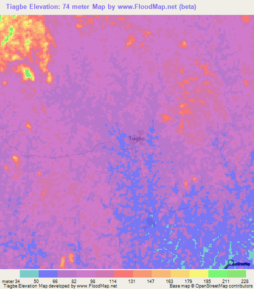 Tiagbe,Ivory Coast Elevation Map
