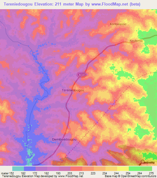 Tereniedougou,Ivory Coast Elevation Map