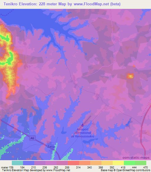 Tenikro,Ivory Coast Elevation Map