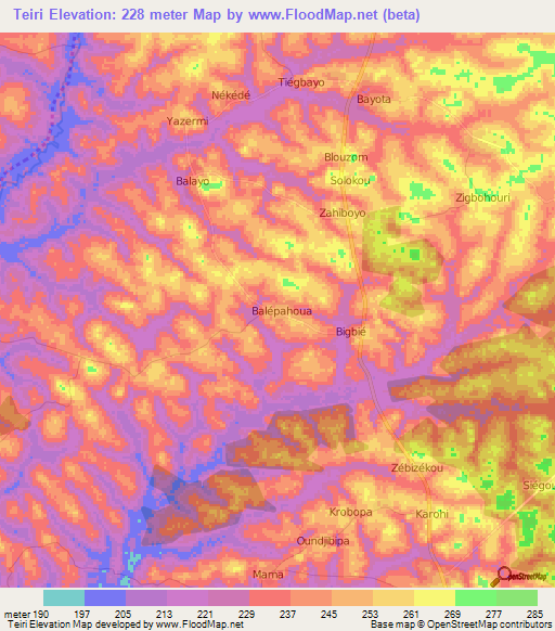 Teiri,Ivory Coast Elevation Map