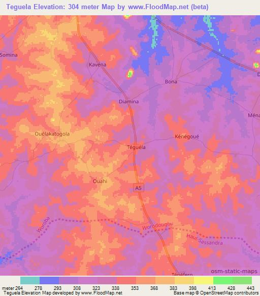 Teguela,Ivory Coast Elevation Map