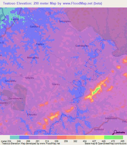 Teatouo,Ivory Coast Elevation Map