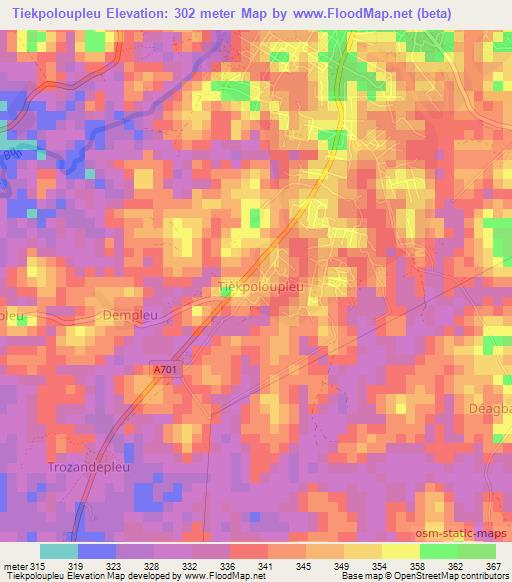 Tiekpoloupleu,Ivory Coast Elevation Map