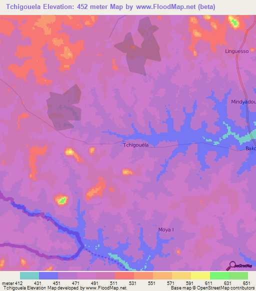 Tchigouela,Ivory Coast Elevation Map