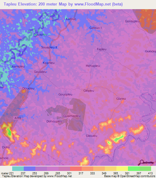 Tapleu,Ivory Coast Elevation Map