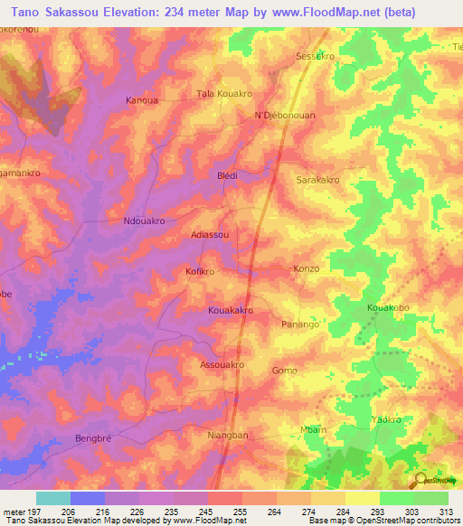 Tano Sakassou,Ivory Coast Elevation Map