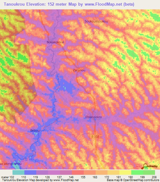 Tanoukrou,Ivory Coast Elevation Map