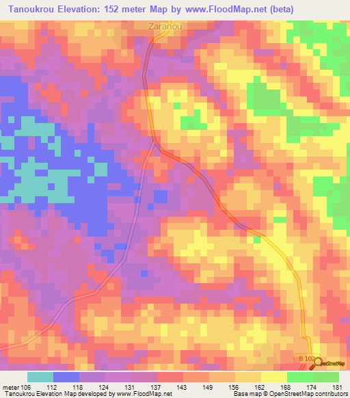 Tanoukrou,Ivory Coast Elevation Map