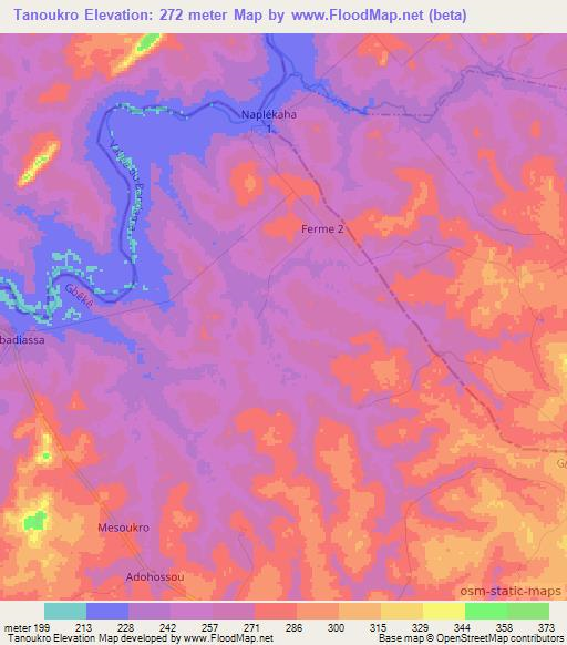Tanoukro,Ivory Coast Elevation Map